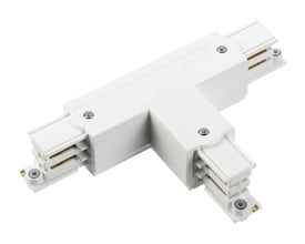 GLOBAL trac pro® 3-faset T-stykke højre indvendigt i hvid termoplast med synlige tilslutningspunkter og skruer.