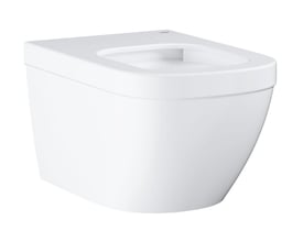 Et hvidt, væghængt Grohe Euro keramik toilet uden skyllekant set fra venstre side på en hvid baggrund.