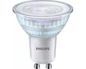 Nærbillede af en Philips Master LEDspot Value GU10 pære, der viser den klare glaslinse og GU10 fatning.