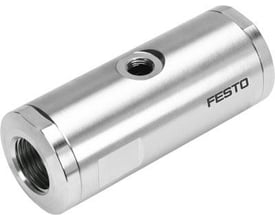Festo slangeventil VZQA-C-M22U-15-GG-ALPOMN-4 i poleret metal med synligt Festo logo og gevindtilslutninger.