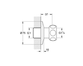 Teknisk tegning af Grohe tilgangsforskruning med dimensioner G1 og G1 1/4, vist monteret i væg.