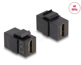 Sort DeLock-keystone-modul med HDMI-hunstik i begge ender, vist fra to vinkler med 4K/60 Hz-markering.