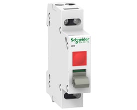 Tættere vinkel af Schneider Electric Acti9 iSW lastafbryder, der viser dens hvide kabinet, rød indikatorlampe og grå betjeningshåndtag.
