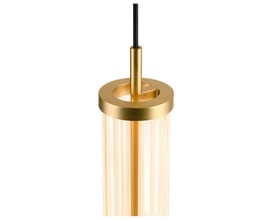 Nærbillede af SLV QUIMERA 1F pendellampens top med børstet messing finish og glas cylinder.