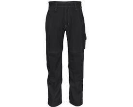Mascot Biloxi arbejdsbukser i sort 100% bomuld, med synlige trenålssømme, justerbare knælommer og cargolomme på højre ben.