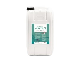 Earthcare monoetylenglykol, 30 %, i en hvid 25-liters dunk med sort skruelåg og grøn-hvid etiket.