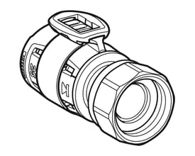 Tegning af Geberit FlowFit overgang med omløber, 20 mm x 1/2", der viser omløber og samling.