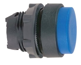 Schneider Electric ZB5 trykknaphoved i blå med ophøjet trykflade og 22mm diameter, set fra siden mod hvid baggrund.