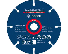 Detaljeret billede af Bosch Expert Carbide Multi Wheel skæreskive, der viser sikkerhedssymboler og 'Made in Switzerland'.