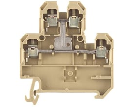 Weidmüller Dobbeltklemme DK Q/35, 1-polet, beige, med 4mm² skrueterminal til TS 35 DIN skinne, vist forfra.