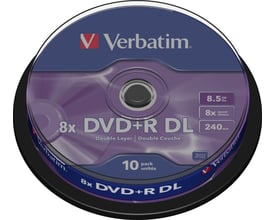 Verbatim DVD+R DL-medie med lilla og blå mærkat, 8x skrivehastighed, 8,5 GB kapacitet og 240 minutters optagetid.