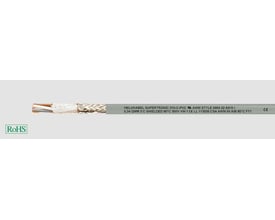 HELUKABEL SUPERTRONIC 310-C-PVC kabel med 5X0.25mm ledere og skærm på grå baggrund, mærket med RoHS.