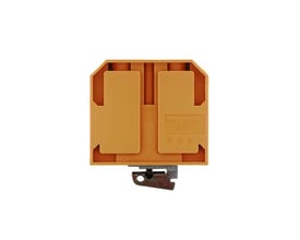 Weidmüller jordklemme EK35 i gul/grøn til 35mm² PE-forbindelse med skrueterminal, monteret på TS32 skinne.