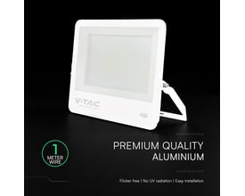 Hvid V-TAC LED-projektør på beslag, 300 W med CREE-chip og aluminiumshus, vist forfra og fra siden.