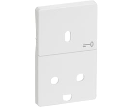 LK FUGA stikkontakt med jord og hvid nøgleafbryder i 1½ modul, vist forfra med dansk stiktype.