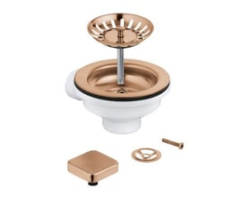 GROHE bundventil 1 1/4" i børstet Warm Sunset kobber med hvid plastdel og komplet tilbehør, inklusiv firkantet dæksel.