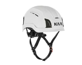 Hvid Kask Zenith X Max Air sikkerhedshjelm med ventilationsåbninger, sort hagerem og justerbare stropper.