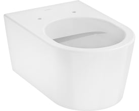 Hansgrohe EluPura S væghængt toilet uden skyllerand, vist forfra med fokus på den glatte porcelænsoverflade og monteringshuller.