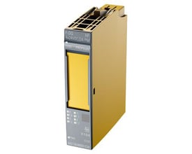Siemens Siplus ET 200SP elektronikmodul, gul med grå frontplade med tydelige mærkninger for funktioner og statusindikatorer.