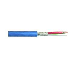 Blåt Profibus PA kabel med 100 +- 20 Ohm impedans og 01x2x1 UL konfiguration, vist med afisoleret ende der viser røde og grønne ledere samt skærm.