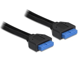 DeLOCKs sorte interne USB 3.0-kabel på 0,45 meter med blå 20-pin hunstik i begge ender, vist skråt.