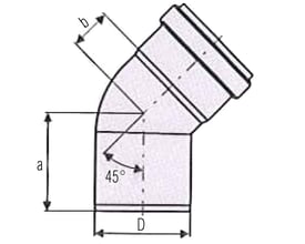 Skematisk tegning af ACO 110 mm 45° afløbsbøjning, der viser dimensioner som højde (a), bredde (b) og diameter (D).