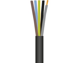 Gummikabel 5G16 mm² H07RN-F i sort med fem farvede ledere: brun, blå, gul/grøn, sort og grå, på hvid baggrund.
