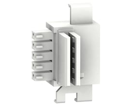 Schneider Electric koblingsstik til interface modul, vist i hvid plast med fem stik på den ene side og en indre række med kontakter.