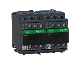 Schneider Electric TeSys D kontaktor set fra siden, viser 3-polede terminaler og mærkat med tekniske specifikationer for 12A/24V DC.