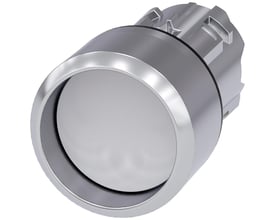 Siemens 22mm trykknap i metal med højglans og hvid frontring, SIRIUS ACT serien, kortvarig kontakt.