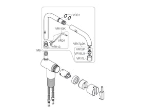 Eksploderet tegning af Vola KV1 servicesæt, der viser alle komponenter og delenumre til armaturer fra 1997-2012.