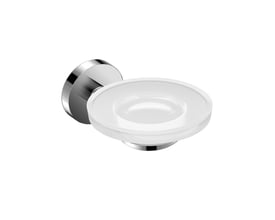 Cosmic sæbeskål i blank krom med en mat hvid skål til sæbe, måler 110 x 130 x 50 mm.