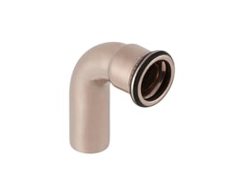 Geberit Mapress bøjning 90 grader med nippel, 108 mm, i metal med en tætningsring, vist isoleret på hvid baggrund.