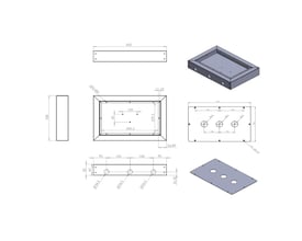 Teknisk tegning af Grohe The box installationsboks til 3-hullers armaturer i rustfrit stål med alle mål og dimensioner vist.