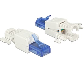 Hvidt DeLock RJ45-stik Cat.6A UTP med blå stikender, vist lukket og åbnet for værktøjsfri tilslutning.