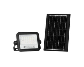 V-TAC VT-54W LED projektør og solpanel adskilt på hvid baggrund, viser et 50W sort hus med batteriindikator.