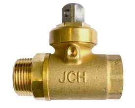 JCH kuglestophane med muffe og nippel, 1" rørgevind og 20mm DN mål i messing med reduceret gennemløb.
