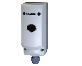 Siemens RAK-TW.5000HS frostbeskyttelsestermostat i hvid plast med sort Siemens logo og justerbar temperaturindikator.