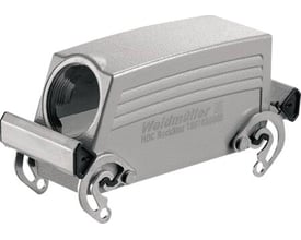 Weidmüller HDC kabelhus størrelse 8 med sidekabelindgang M21 og to bøjler, fremstillet af gråt metal.