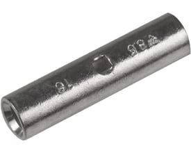 Elpress Cu-pressemuffe KST16, 16mm2, vist fra siden. Det fortinnede kobberrør har markeringerne '16' og '8,5' samt et inspektionshul.