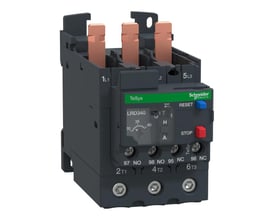 Schneider Electric TeSys D termorelæ, model LR340, viser indstillingsskala 30-40A og testfunktion i grå og hvid.