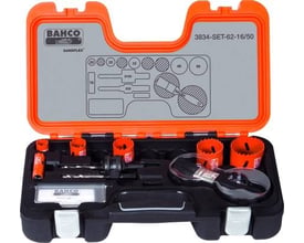 Bahco SANDFLEX hulsavesæt i åben orange og sort kuffert med hulsave og holdere til størrelser fra 16 til 50 mm.