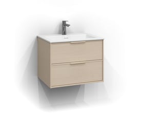 Svedbergs Spika matsort brusearmatur med termostat; her ses i stedet et lyst vaskeskab med hvid vask og kromarmatur.