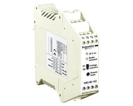 Schneider Electric LXM05 Holding Brake Controller enhed med mærkning, terminaler og statusindikatorer på cremefarvet plastikhus.