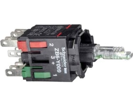 Schneider Electric ZB6ZB42B lampetrykskrop med rød ring, viser de modulerende kontakter og den gennemsigtige lampedel.
