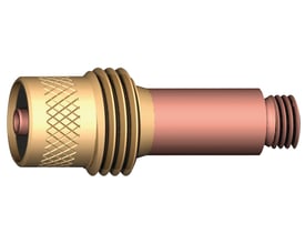 Detaljeret gengivelse af Abicor Binzel gaslinse med kobberrør, Ø2,4 mm, og gevind til montering.