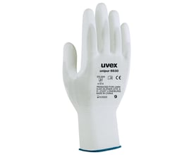 Uvex Unipur 6630 montagehandske i størrelse 9, hvid med blå kant og PU-coating, egnet til præcisionsarbejde.