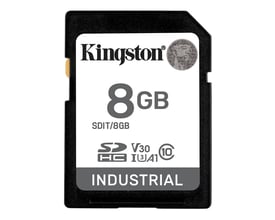 Kingston 8GB SDHC Industrial SD-kort med pSLC-teknologi, UHS-I, U3, V30 og A1 klassificering i sort.
