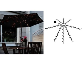 Kombineret billede der viser Veli solcelle lyskæde på en sort parasol og et diagram over lyskædens opsætning.