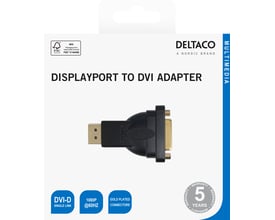 Deltaco DisplayPort til DVI-D Single Link-adapter i sort på emballage med oplysninger om produktet.